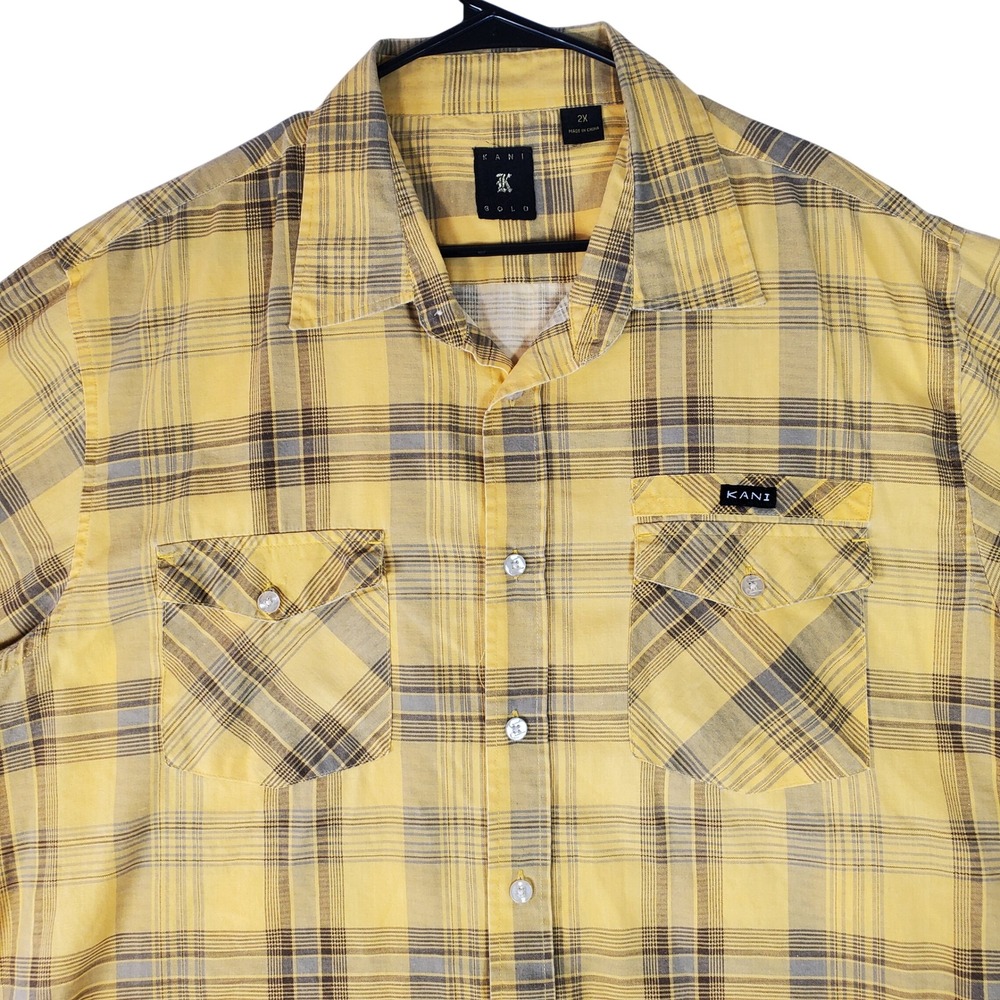 Kani Gold Mens 2X Plaid Short Sleeve Button Up Shirt Yellow Tan Streetwear